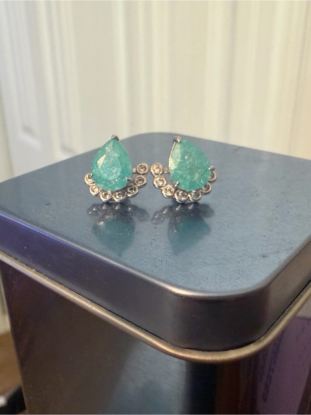Teardrop Aqua Gemstone Stud Earrings with Silver Accents